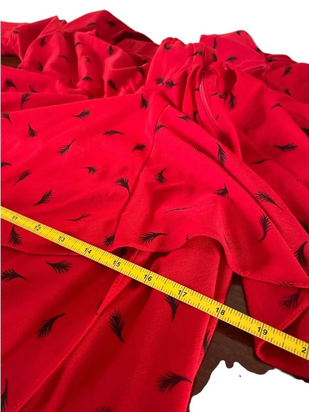 Vintage 80s Red Peplum Midi Dress | Black Leaf Print | Puff Shoulders | S Retro - Picture 8 of 13